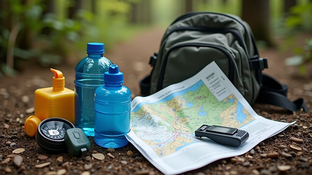 Backpack contents displayed including water bottles, navigation map, first aid kit, sun protection, and emergency whistle on bog background