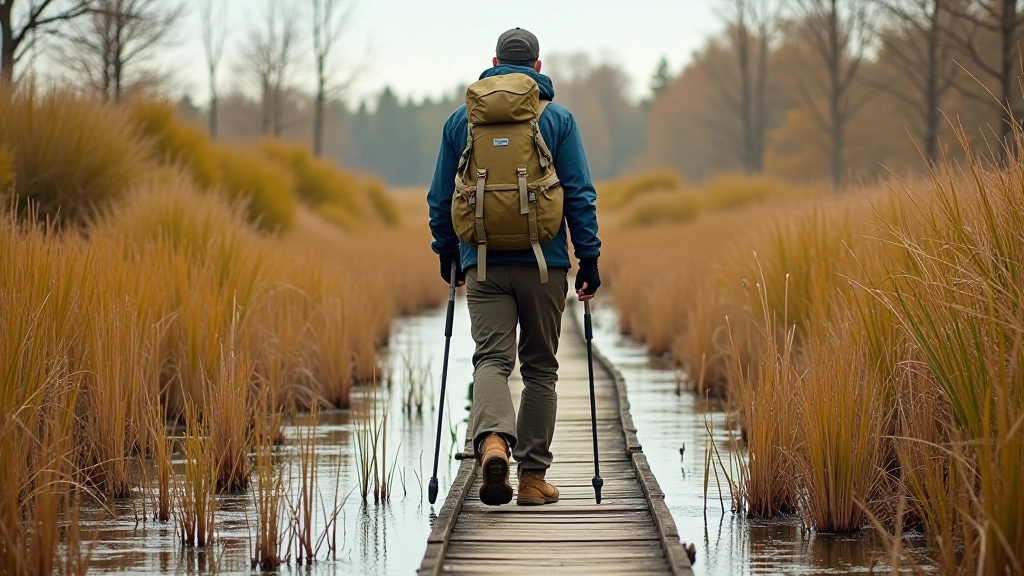 Hiker wearing outdoor gear and backpack on natural walking trail, demonstrating proper equipment for wetland exploration