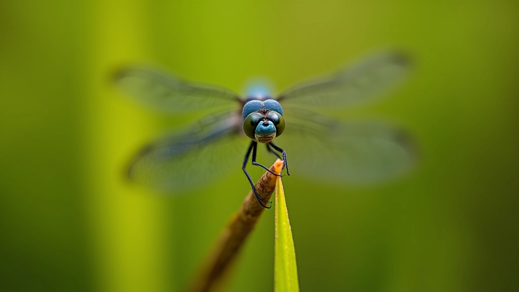Close-up macro photography of dragonfly perched on plant stem, iridescent wings and detailed body visible