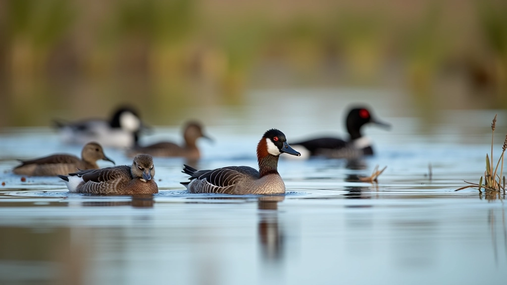 Multiple waterfowl swimming together in calm bog water with aquatic vegetation visible