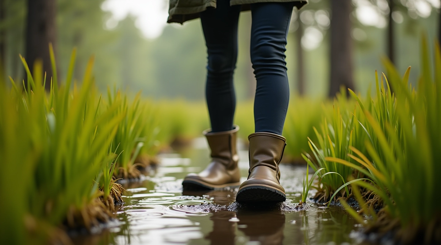 Bog shoe walker exploring veltrpine wetlands during guided swamp tour