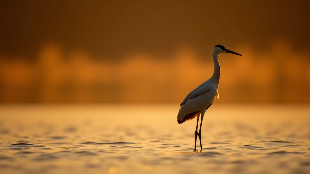 Crane bird wading through shallow water in wetland habitat during golden hour sunset