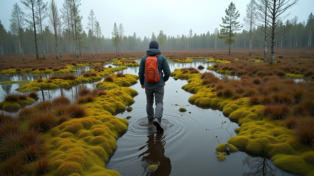 Bog shoe walking through veltrpine wetlands