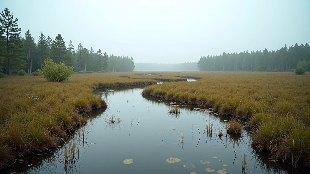 Wetland landscape showing shallow water, marsh grasses, and distant tree line under overcast sky